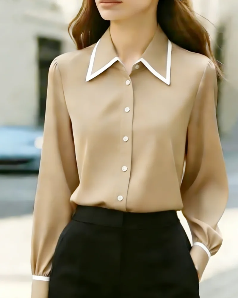 Women Long Sleeve Button Down Blouse Contrast Trim Collar Office Wear Shirt