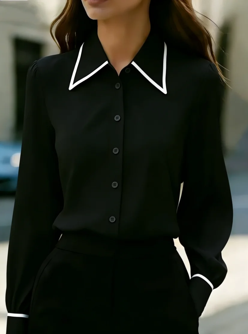 Women Long Sleeve Button Down Blouse Contrast Trim Collar Office Wear Shirt