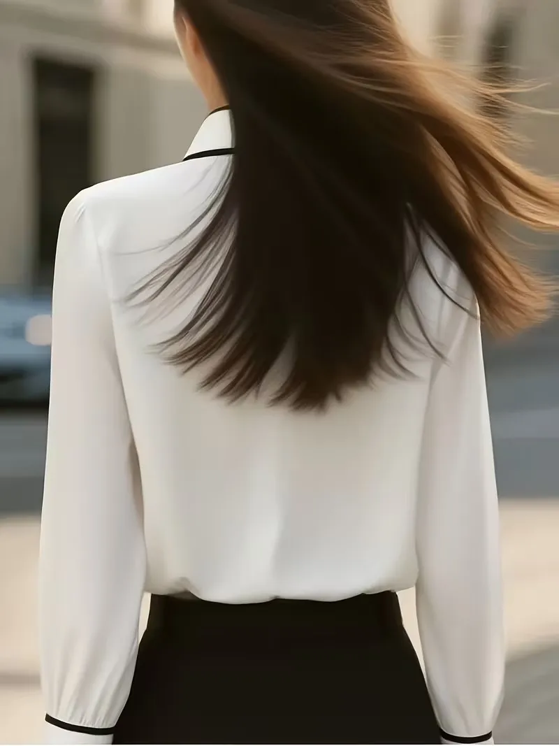 Women Long Sleeve Button Down Blouse Contrast Trim Collar Office Wear Shirt