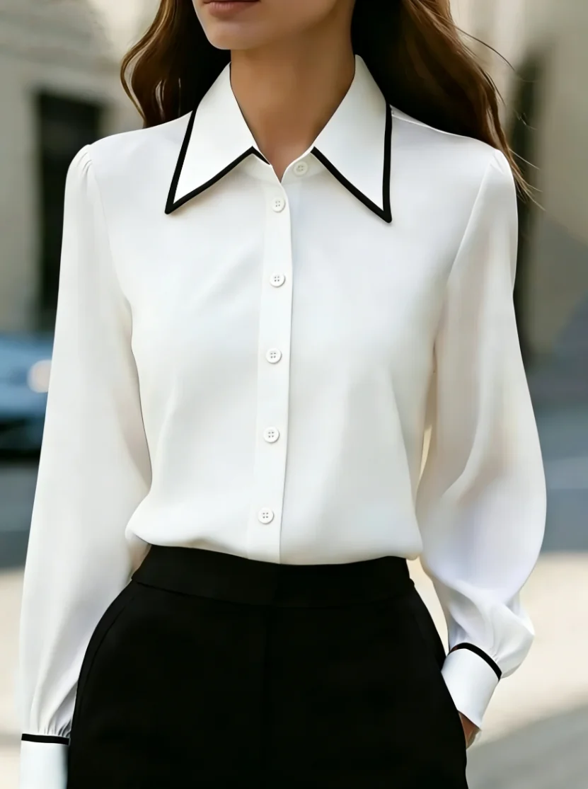 Women Long Sleeve Button Down Blouse Contrast Trim Collar Office Wear Shirt