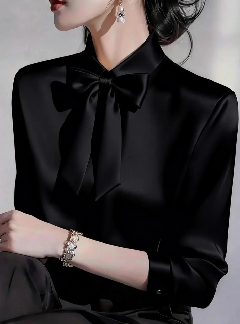 Elegant Satin Bow Tie Blouse for Women Long Sleeve Formal Office Shirt