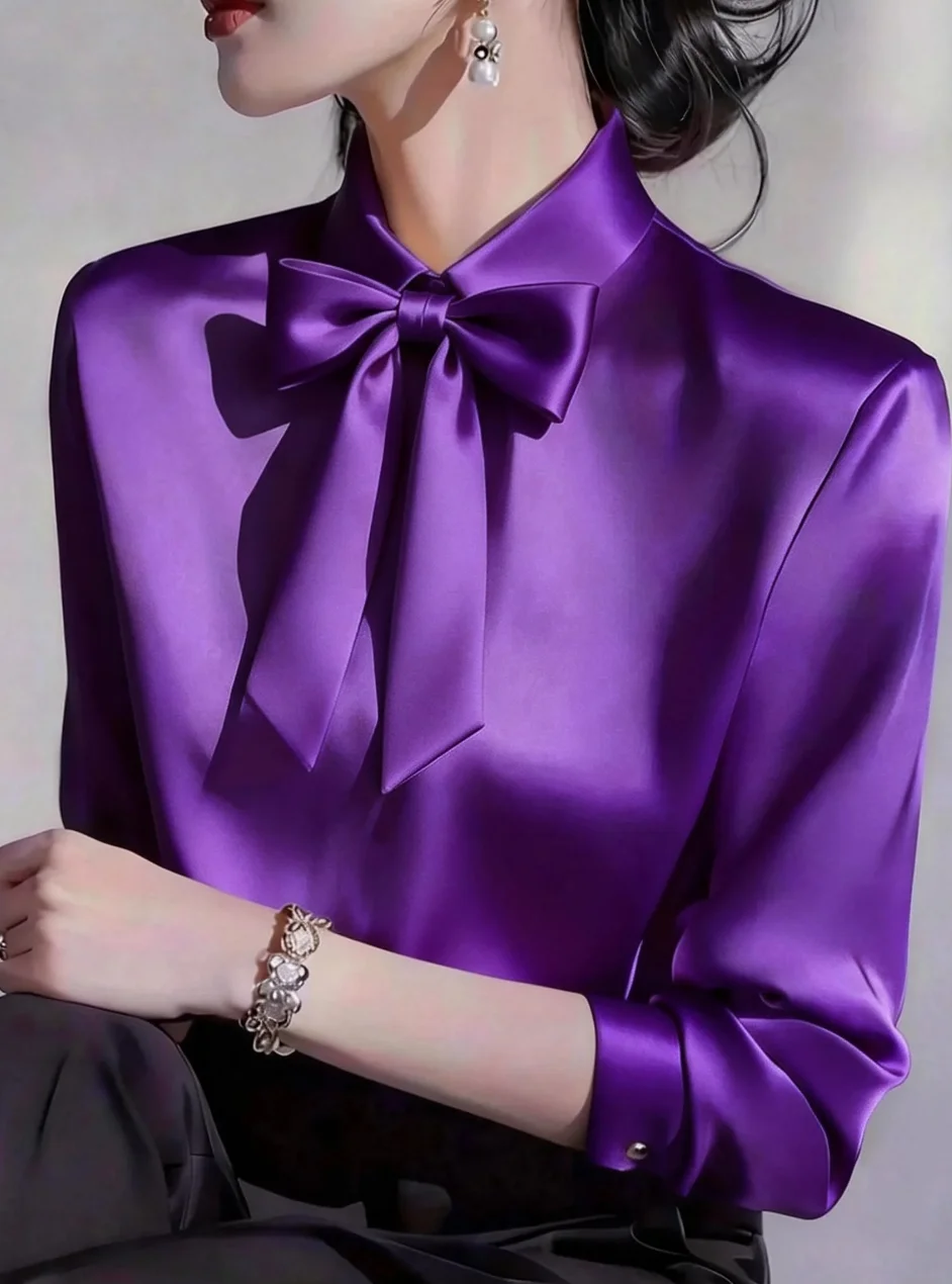 Elegant Satin Bow Tie Blouse for Women Long Sleeve Formal Office Shirt
