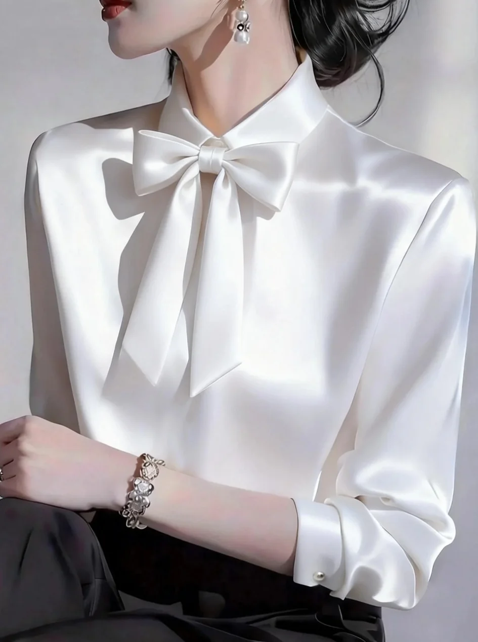 Elegant Satin Bow Tie Blouse for Women Long Sleeve Formal Office Shirt