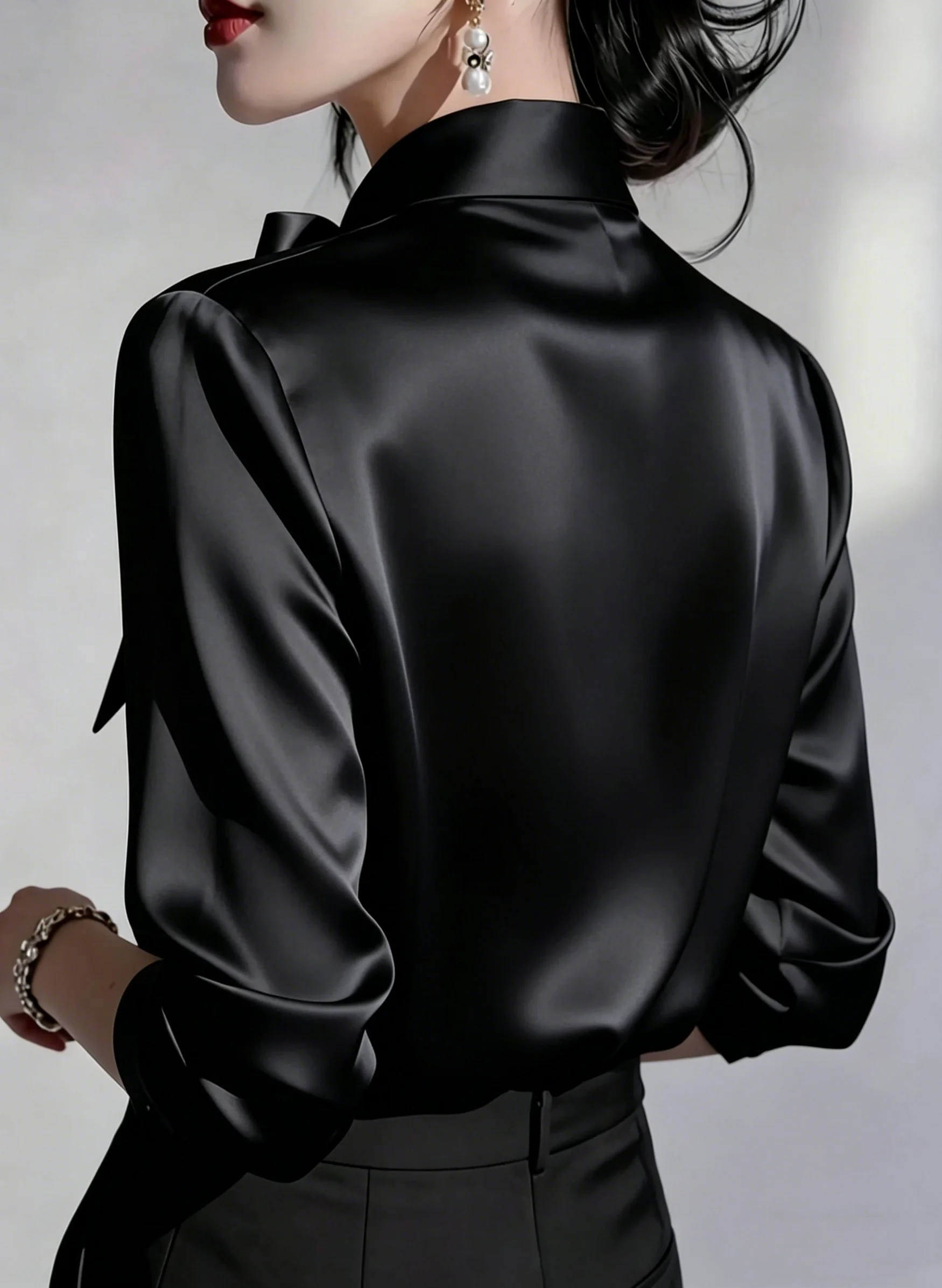 Elegant Satin Bow Tie Blouse for Women Long Sleeve Formal Office Shirt
