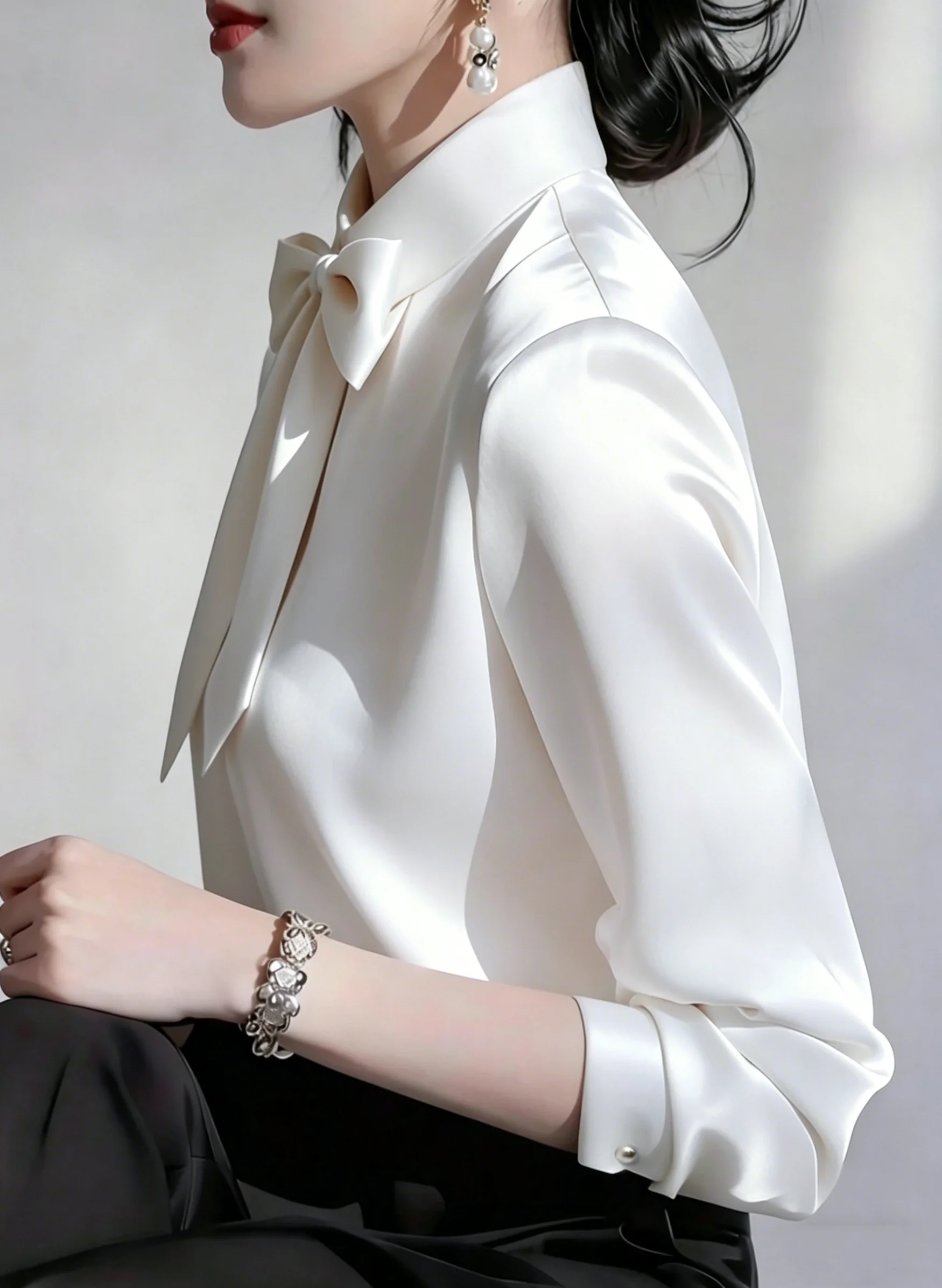Elegant Satin Bow Tie Blouse for Women Long Sleeve Formal Office Shirt