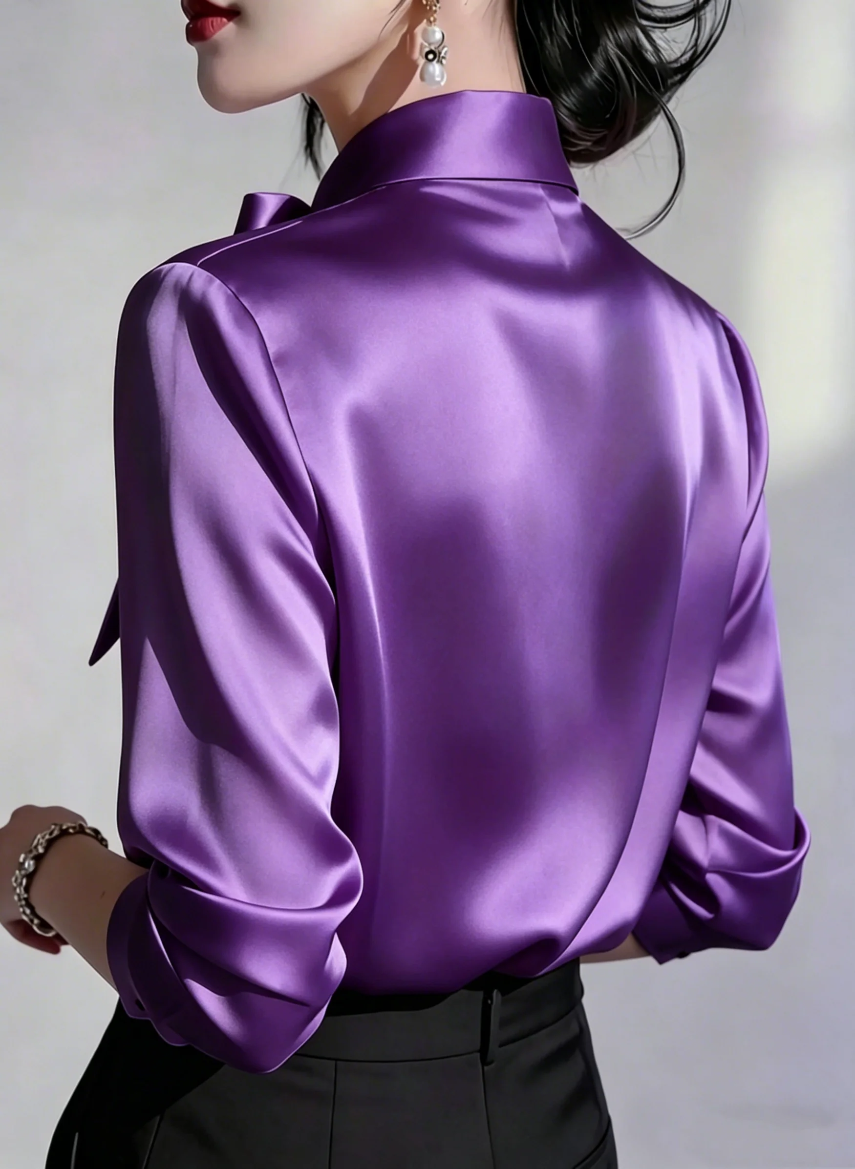 Elegant Satin Bow Tie Blouse for Women Long Sleeve Formal Office Shirt