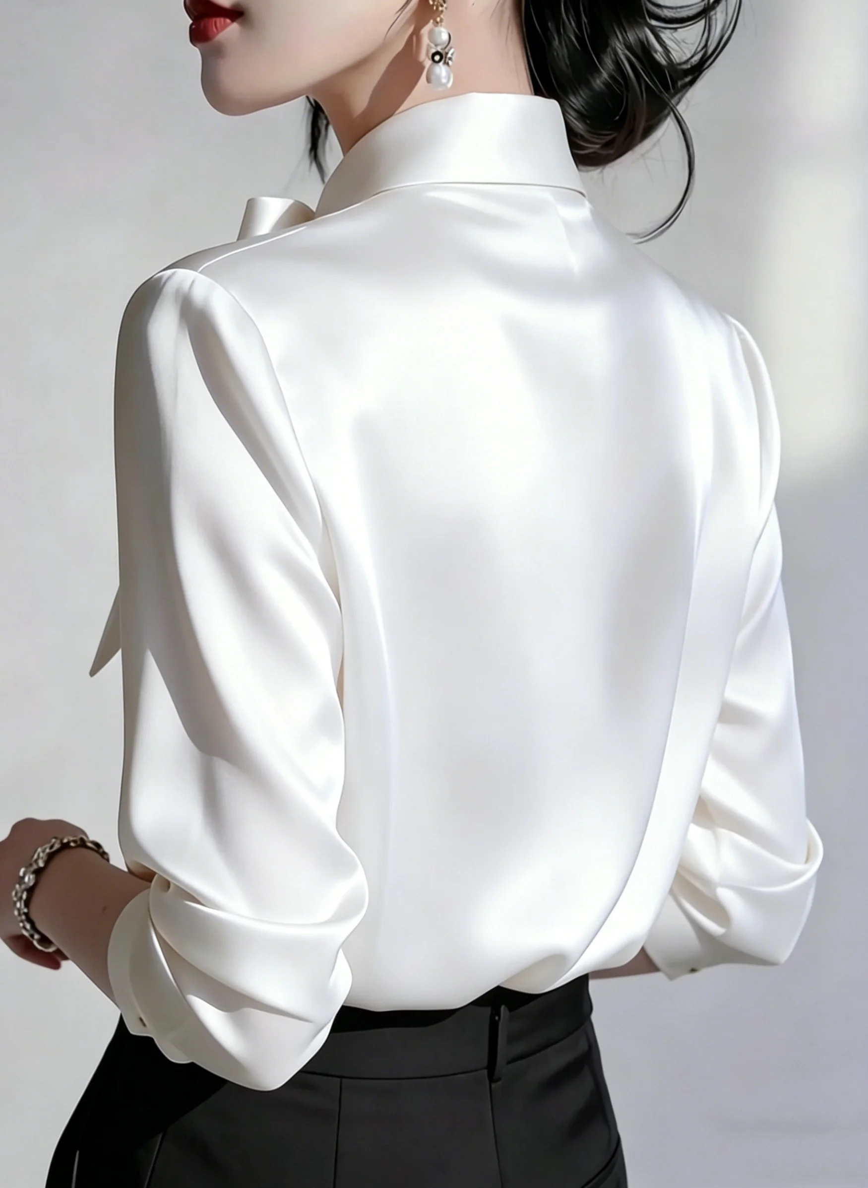 Elegant Satin Bow Tie Blouse for Women Long Sleeve Formal Office Shirt