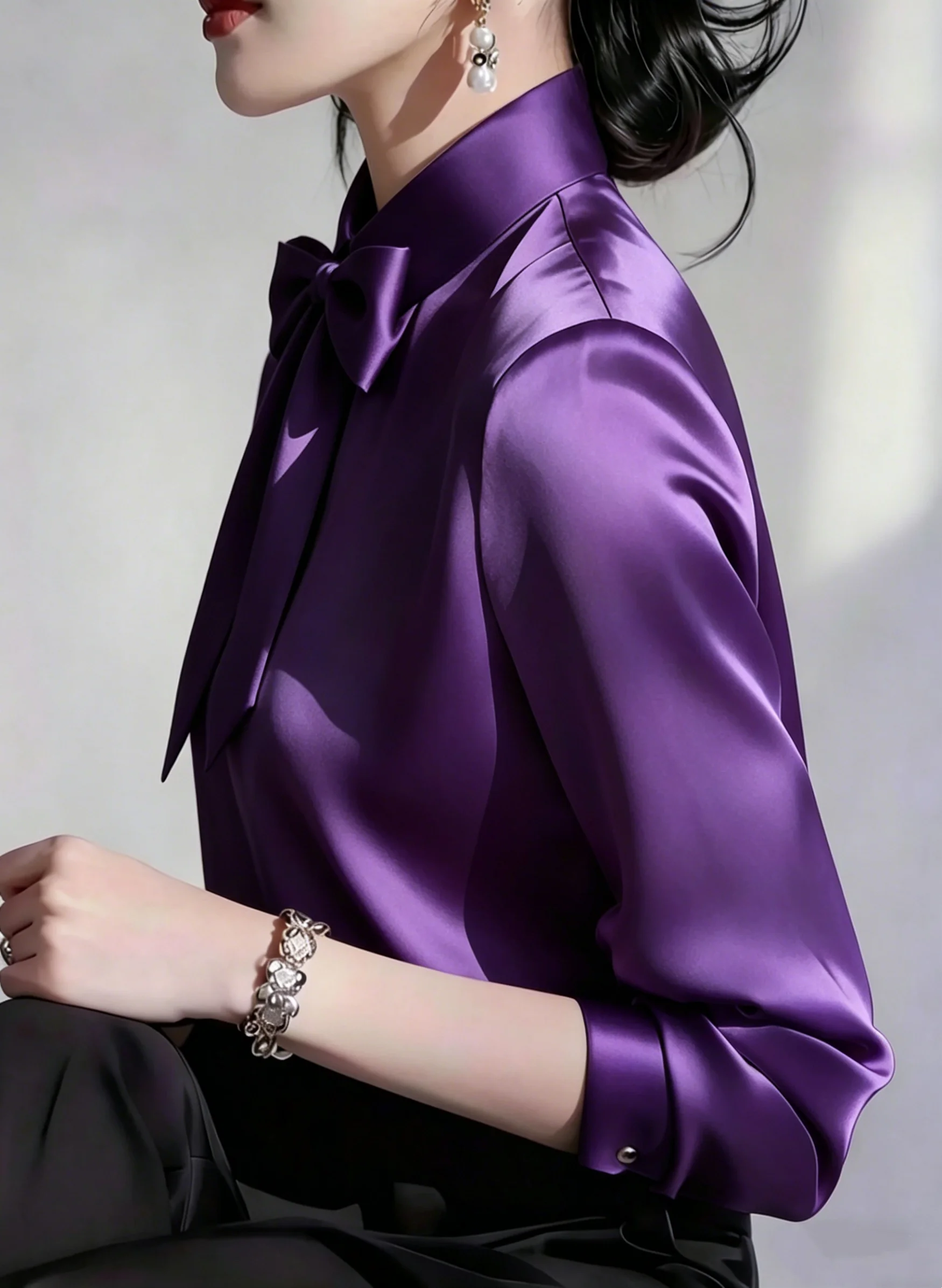 Elegant Satin Bow Tie Blouse for Women Long Sleeve Formal Office Shirt