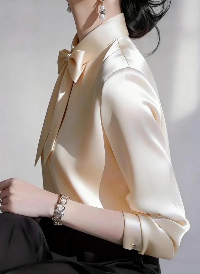 Elegant Satin Bow Tie Blouse for Women Long Sleeve Formal Office Shirt