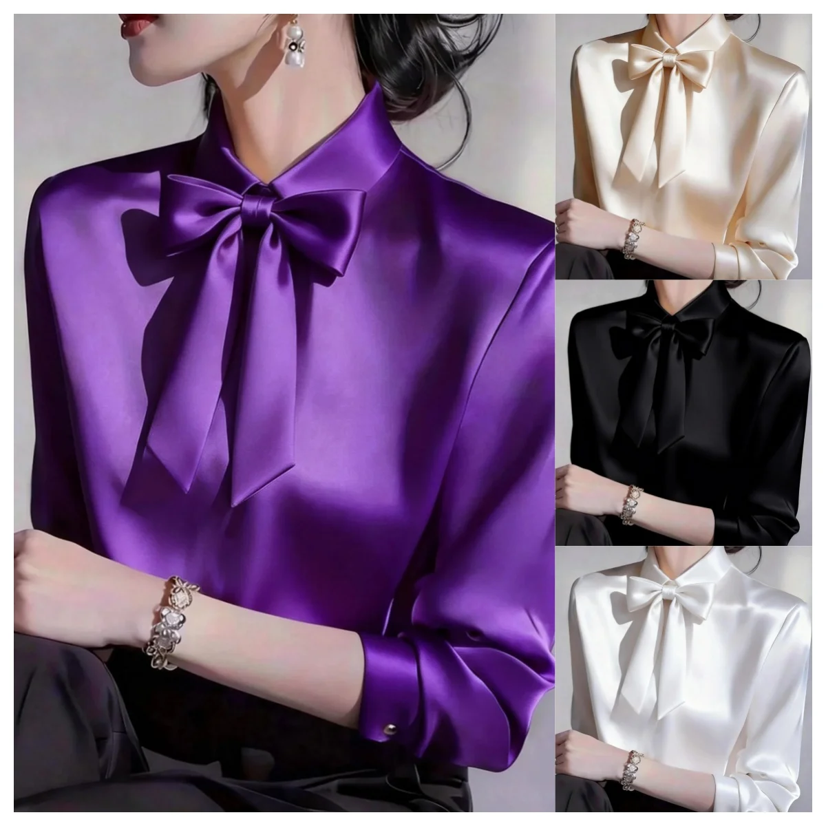Elegant Satin Bow Tie Blouse for Women Long Sleeve Formal Office Shirt