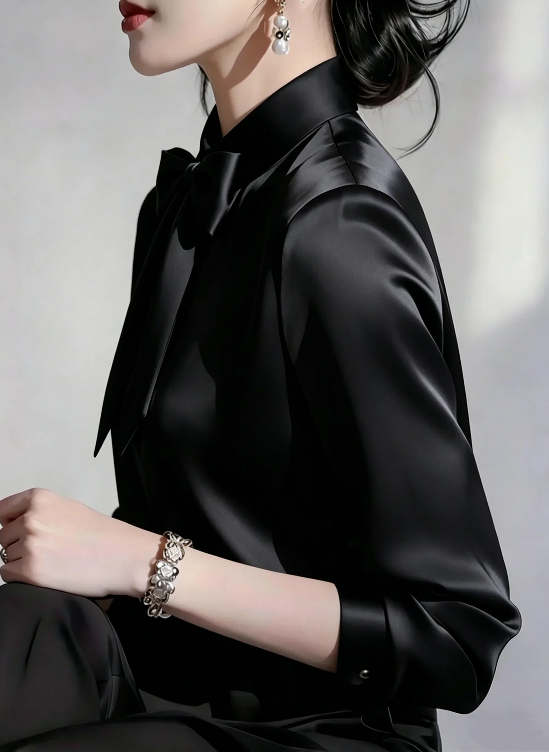 Elegant Satin Bow Tie Blouse for Women Long Sleeve Formal Office Shirt