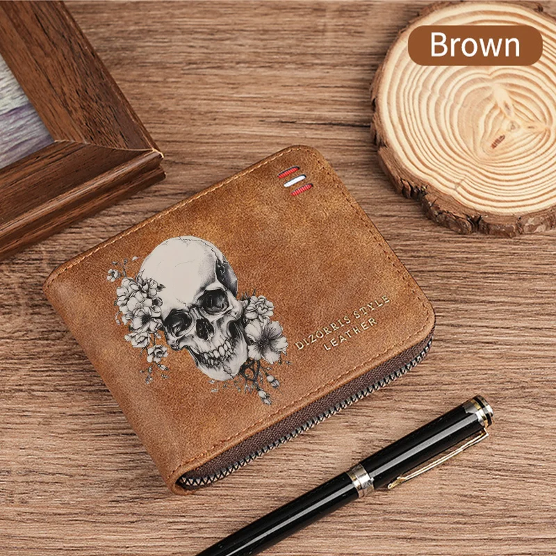 Dominator Dark Skull Men's Vintage Short Wallet Zipper Coin Purse Casual Buckle Waist Chain Money Bag For Students Gift