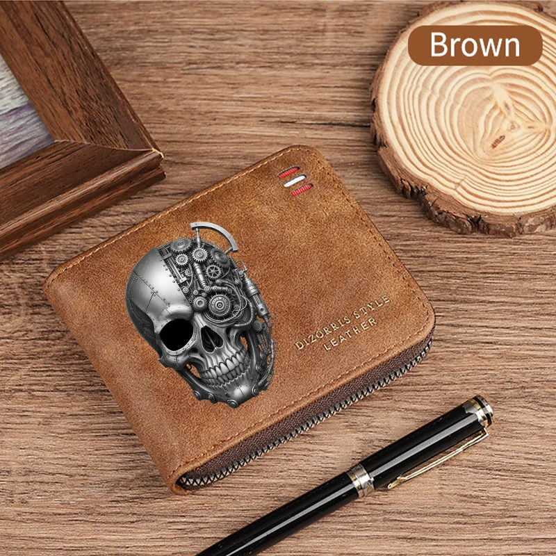 Dominator Dark Skull Men's Vintage Short Wallet Zipper Coin Purse Casual Buckle Waist Chain Money Bag For Students Gift
