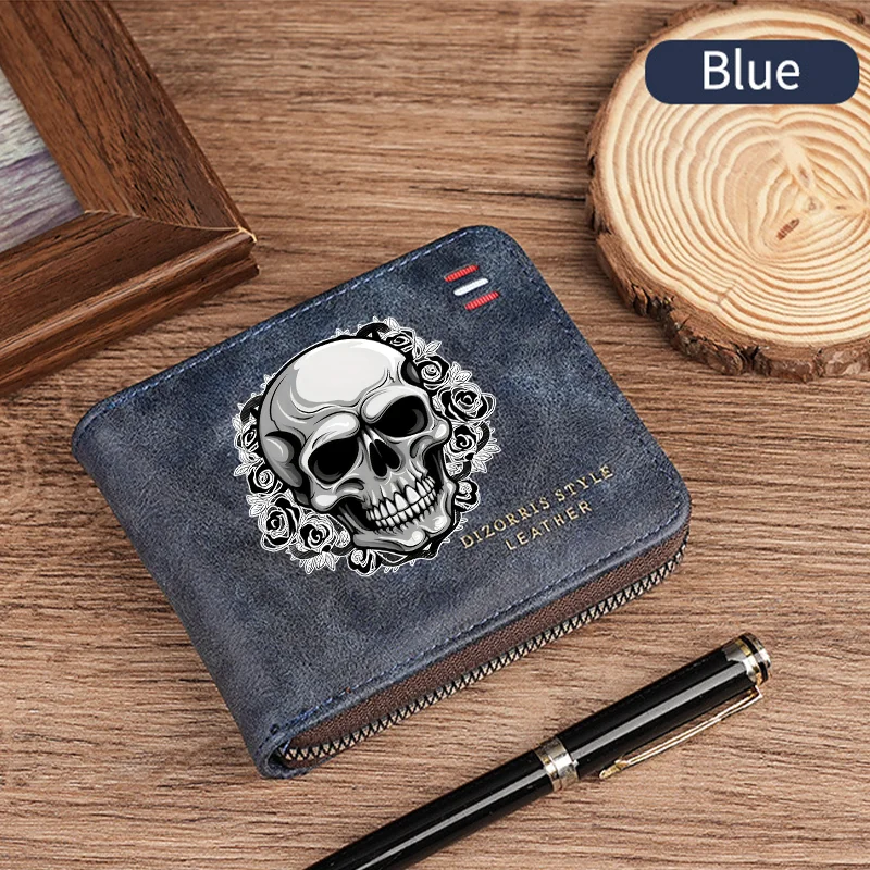 Dominator Dark Skull Men's Vintage Short Wallet Zipper Coin Purse Casual Buckle Waist Chain Money Bag For Students Gift