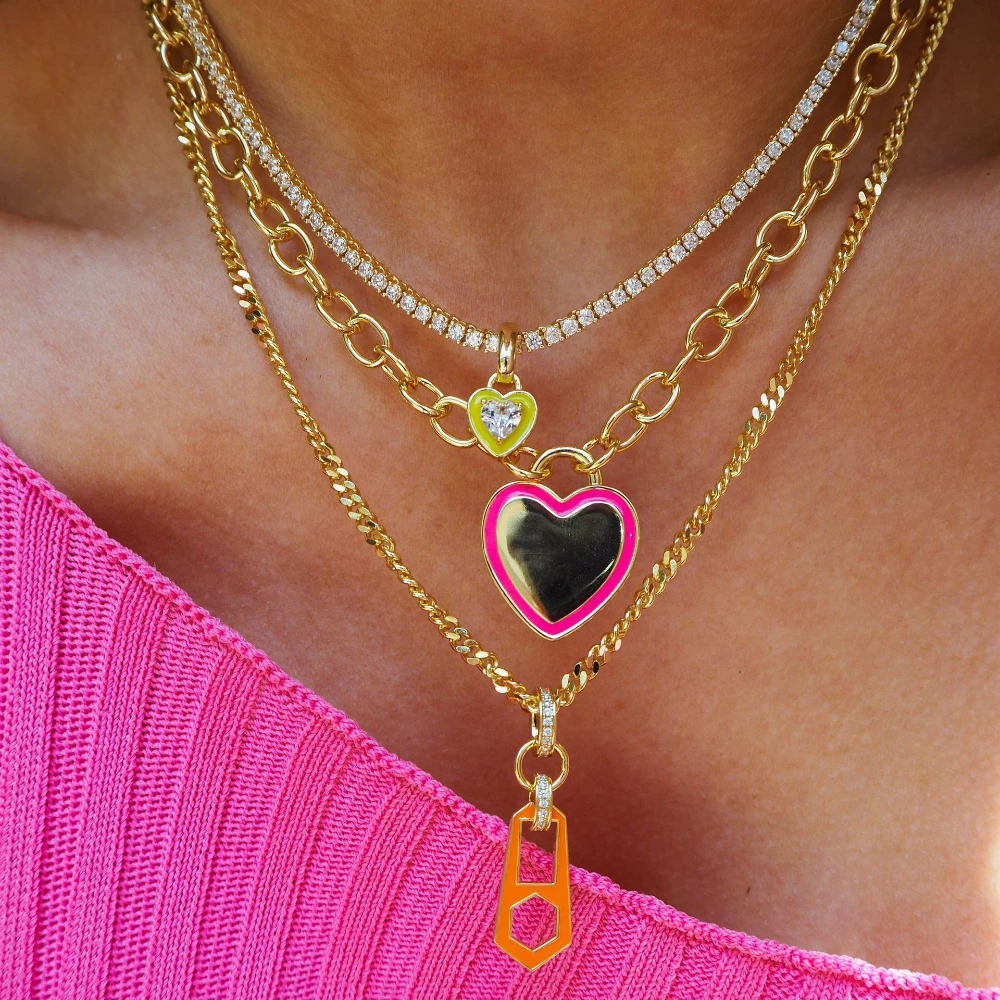 Y2K Sweet Enamel Heart Pendant Necklace for Women Luxury Stainless Steel Colorful Rhinestone Chain Choker Summer Jewelry Gift