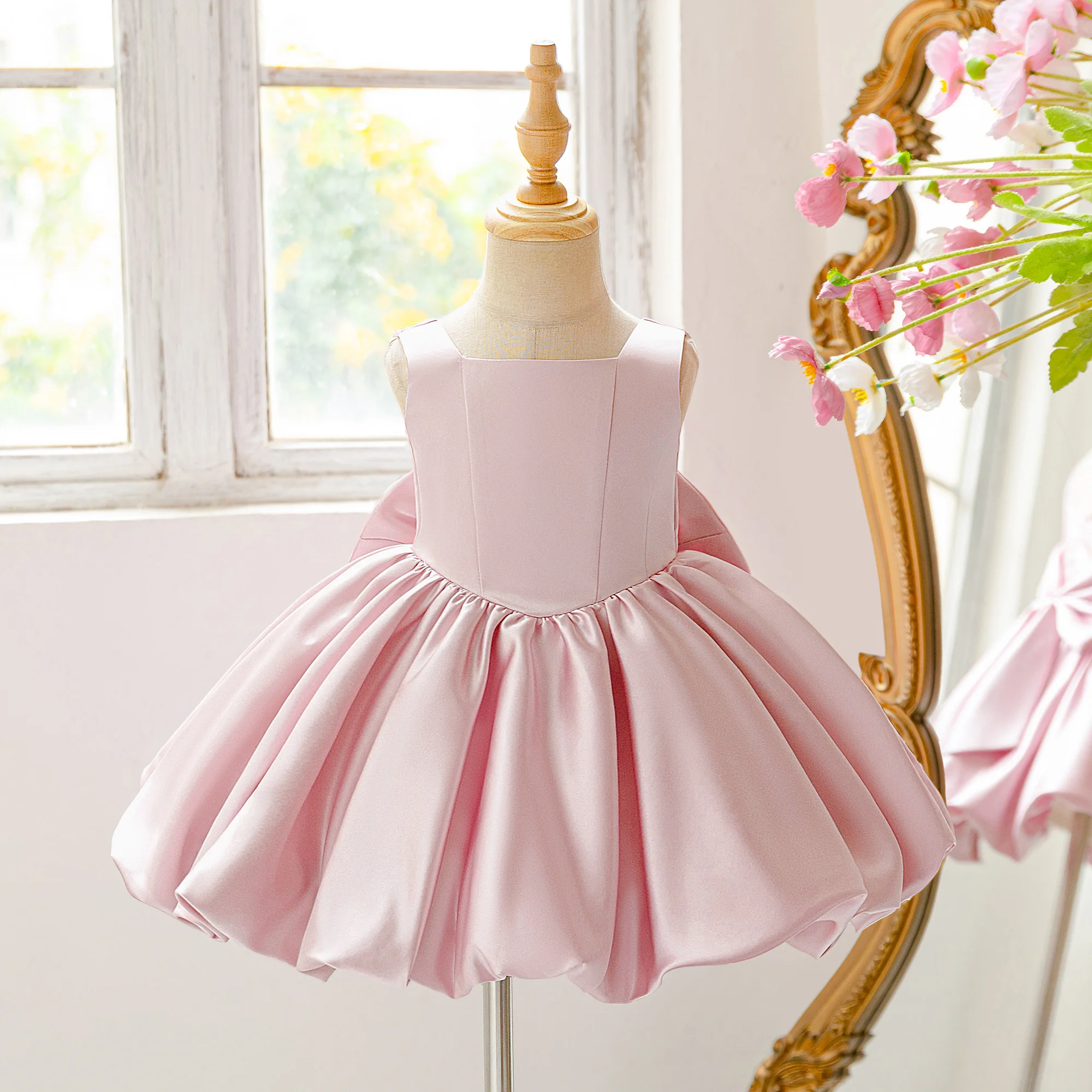 Toddler Flower Bud Party Baptism Baby Girls Dress Elegant 1st Birthday Wedding Princess Prom Dress Girl Bridesmaid Evening Gown