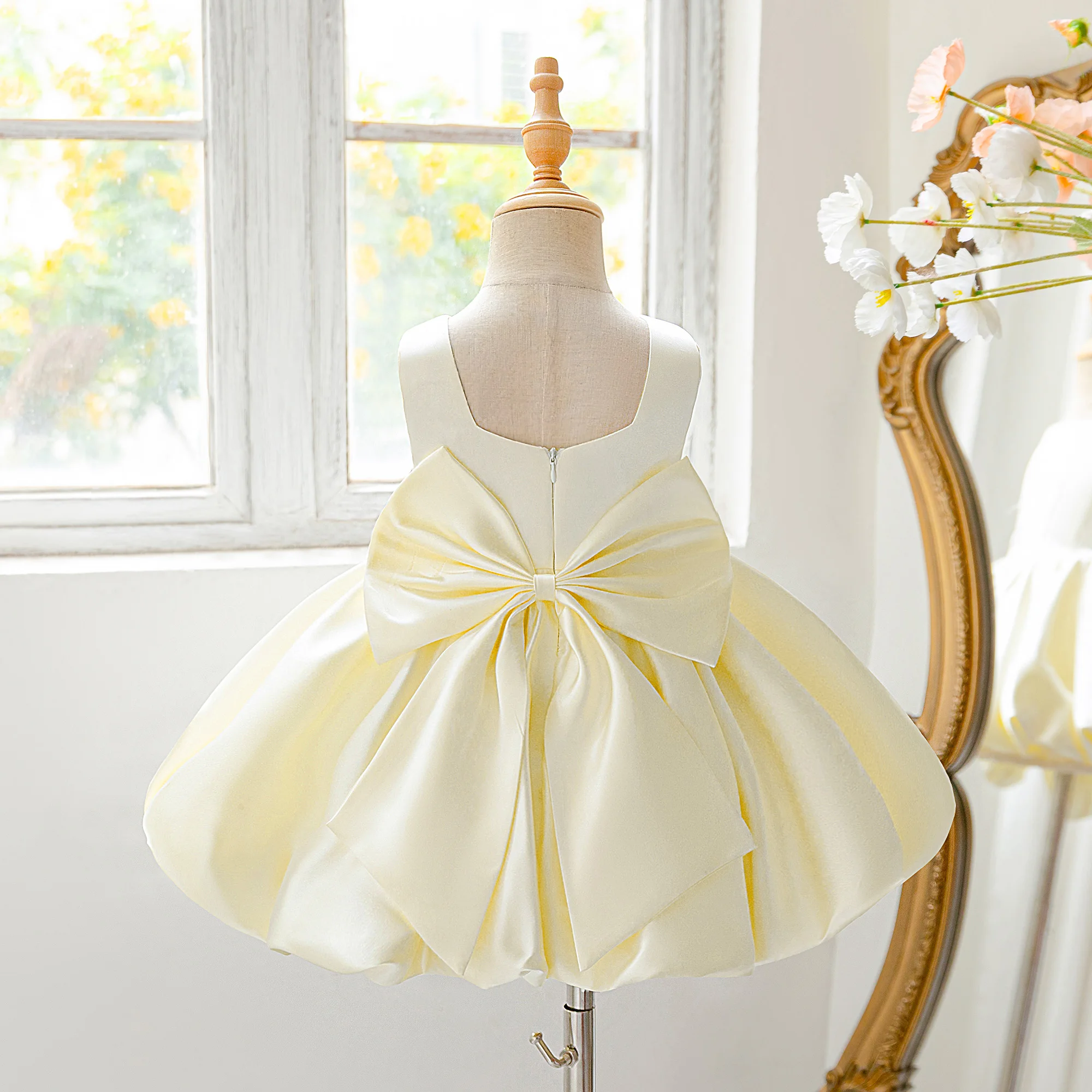 Toddler Flower Bud Party Baptism Baby Girls Dress Elegant 1st Birthday Wedding Princess Prom Dress Girl Bridesmaid Evening Gown