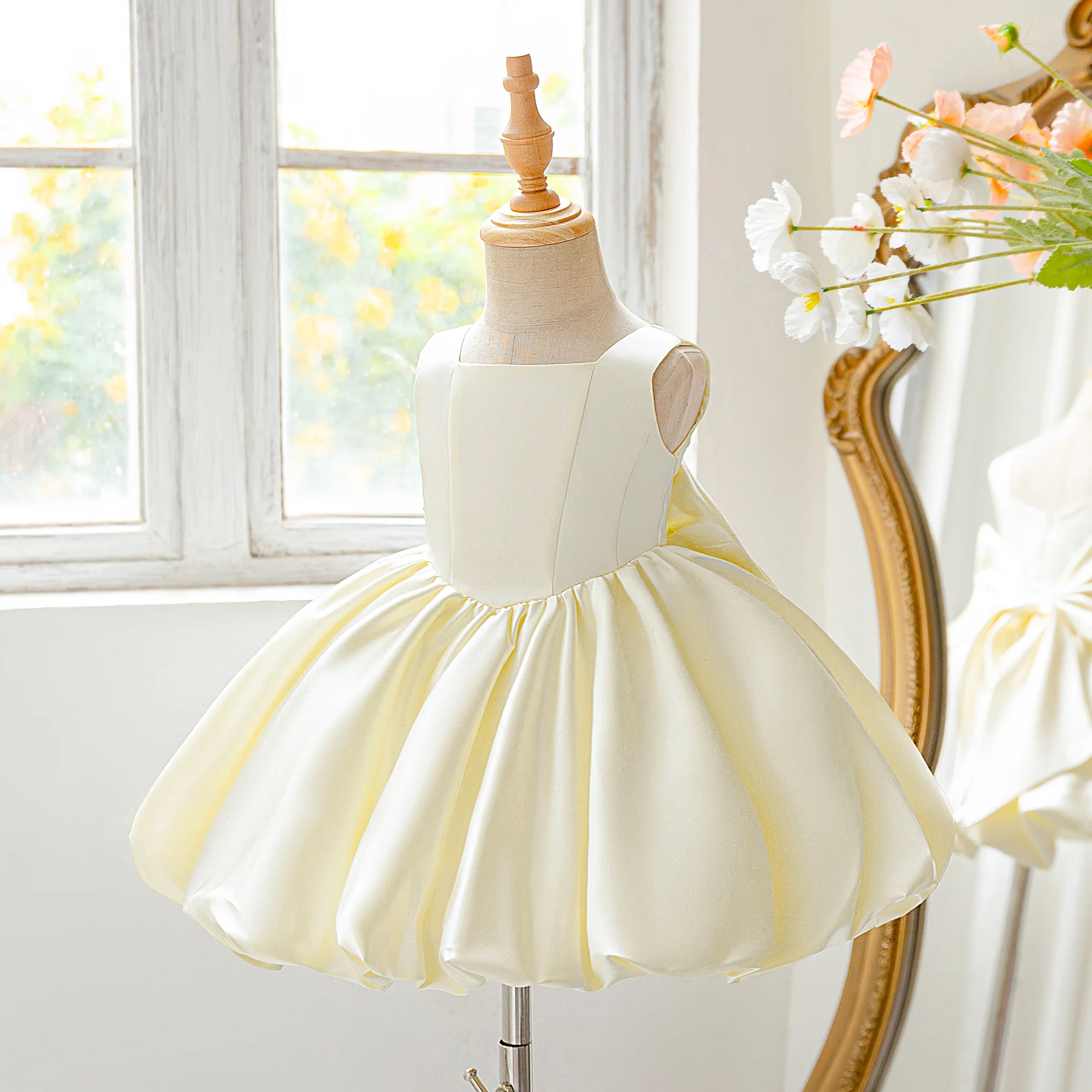 Toddler Flower Bud Party Baptism Baby Girls Dress Elegant 1st Birthday Wedding Princess Prom Dress Girl Bridesmaid Evening Gown
