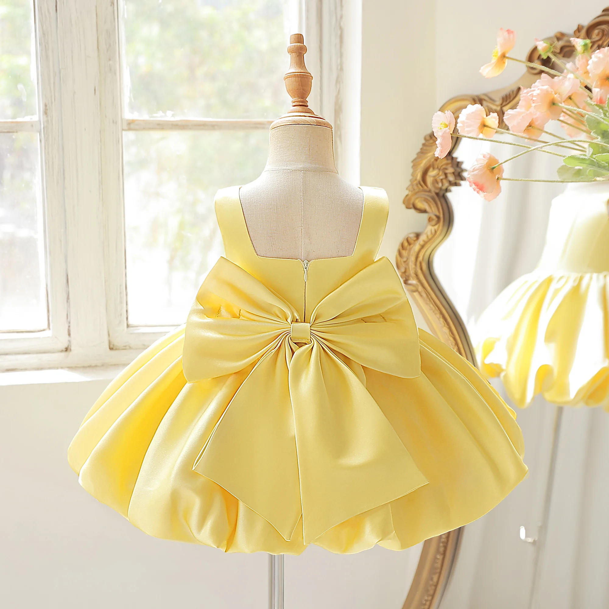 Toddler Flower Bud Party Baptism Baby Girls Dress Elegant 1st Birthday Wedding Princess Prom Dress Girl Bridesmaid Evening Gown