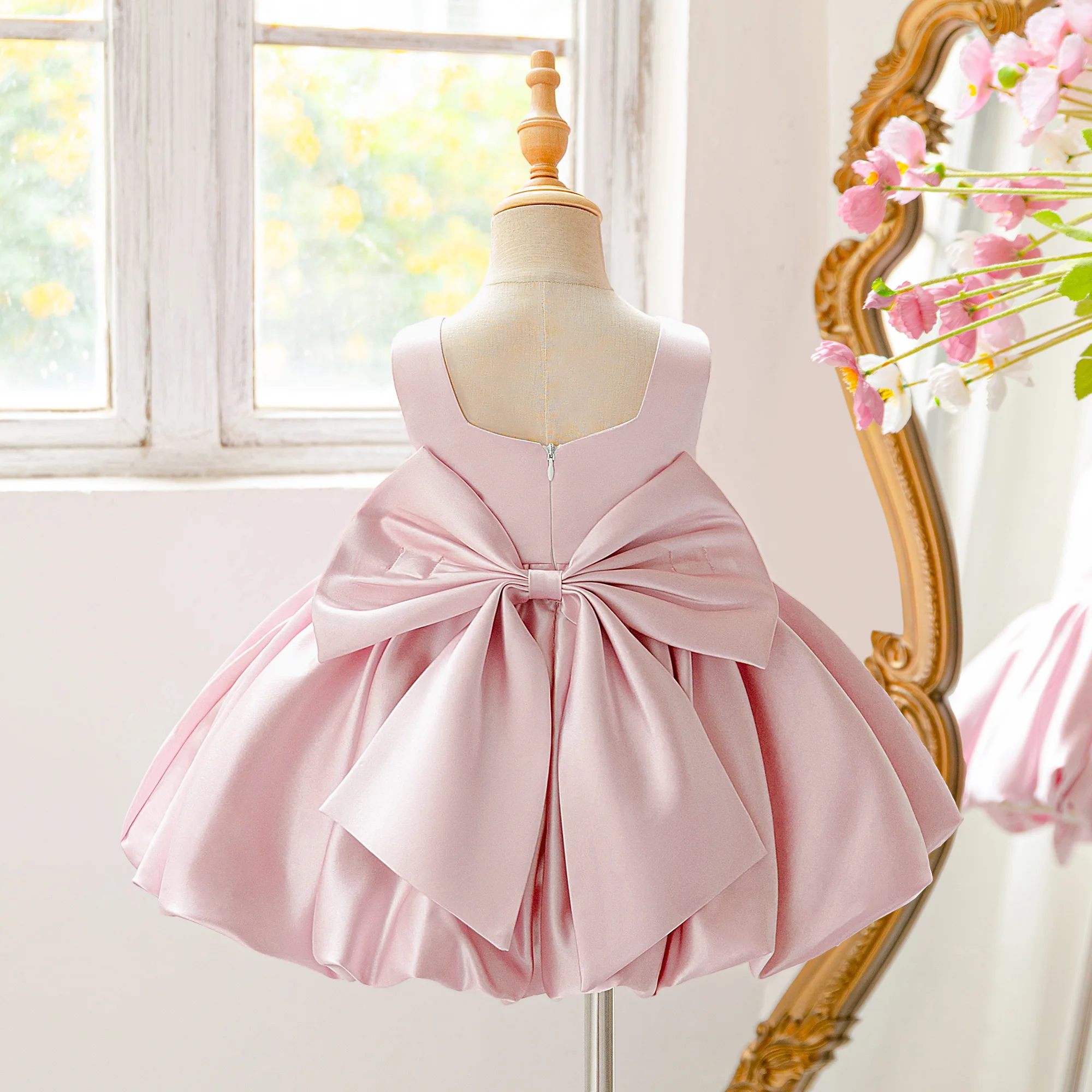 Toddler Flower Bud Party Baptism Baby Girls Dress Elegant 1st Birthday Wedding Princess Prom Dress Girl Bridesmaid Evening Gown