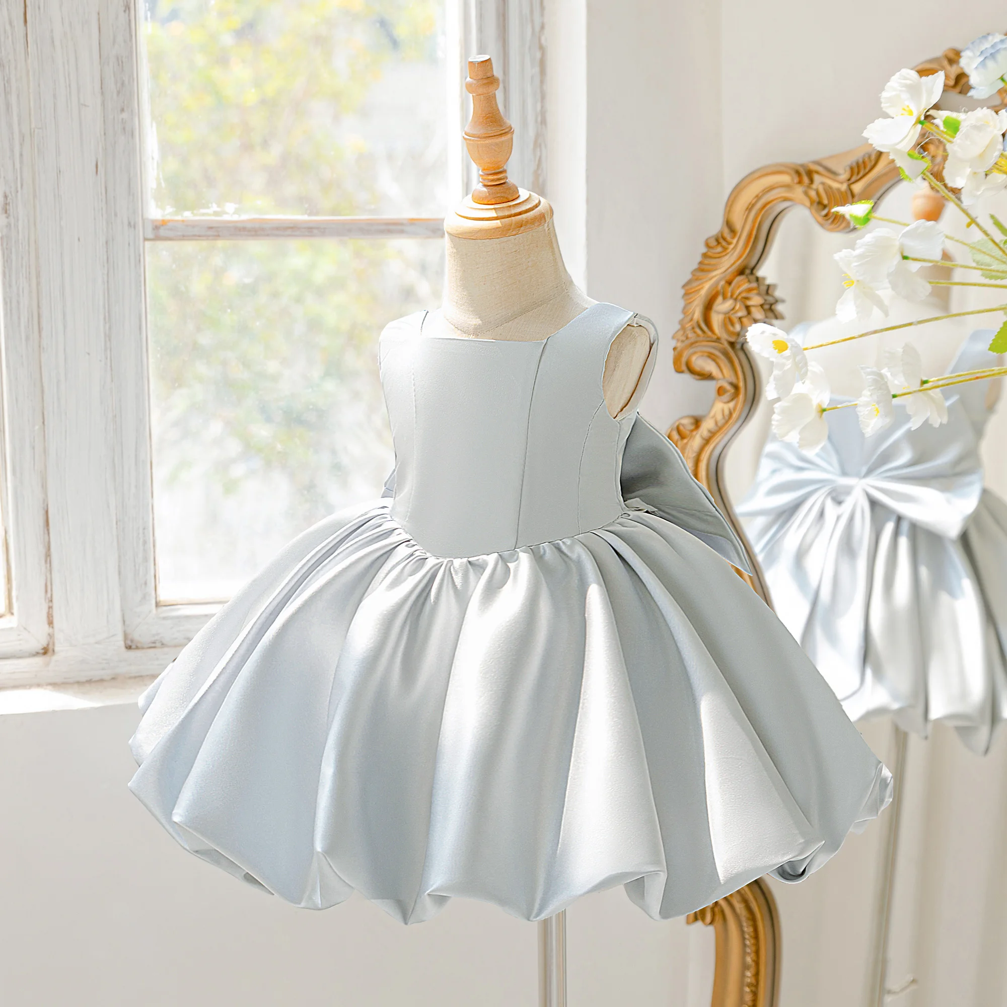 Toddler Flower Bud Party Baptism Baby Girls Dress Elegant 1st Birthday Wedding Princess Prom Dress Girl Bridesmaid Evening Gown