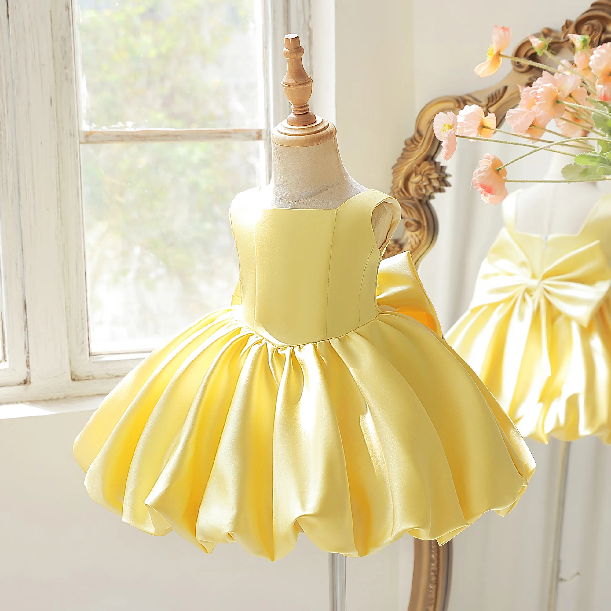 Toddler Flower Bud Party Baptism Baby Girls Dress Elegant 1st Birthday Wedding Princess Prom Dress Girl Bridesmaid Evening Gown