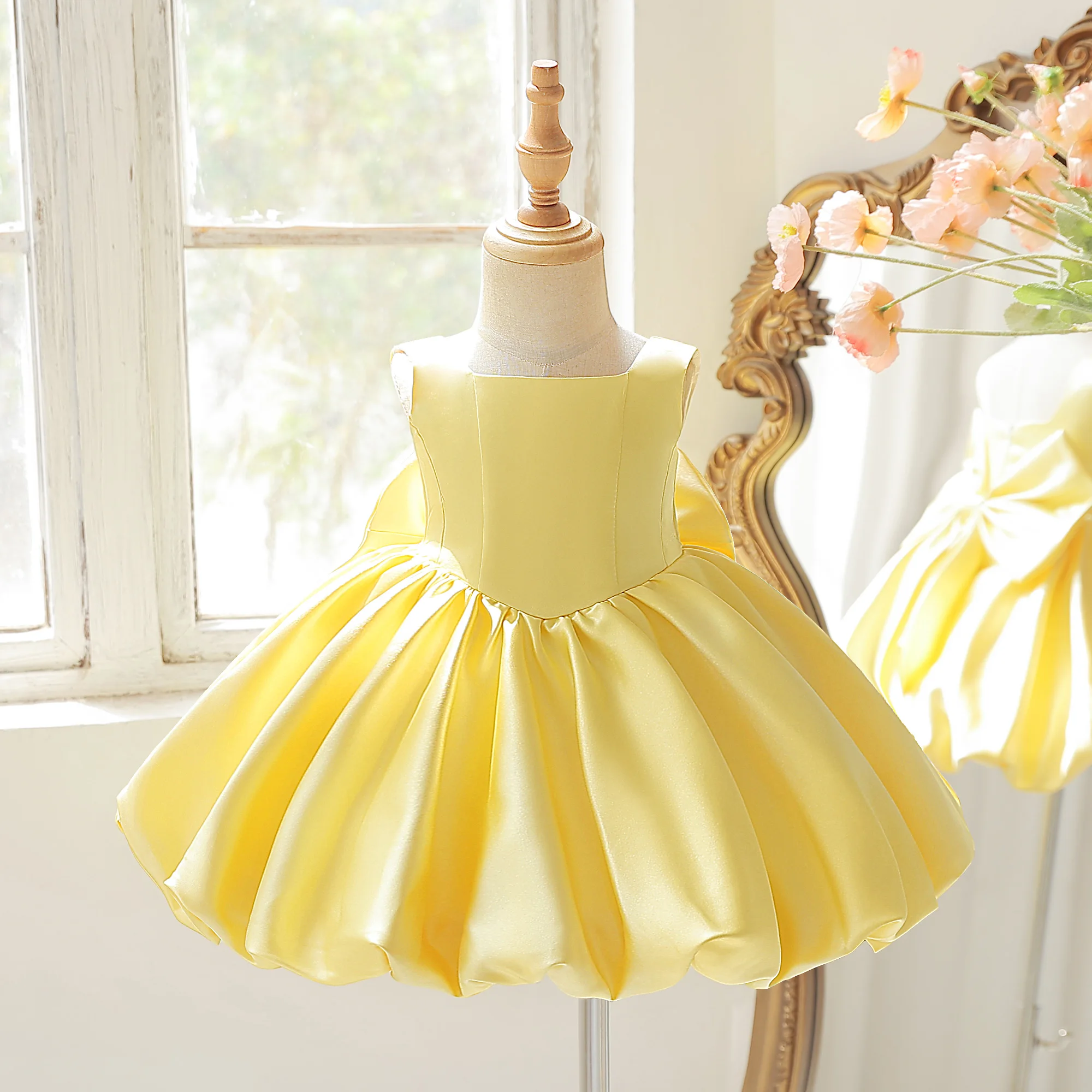 Toddler Flower Bud Party Baptism Baby Girls Dress Elegant 1st Birthday Wedding Princess Prom Dress Girl Bridesmaid Evening Gown