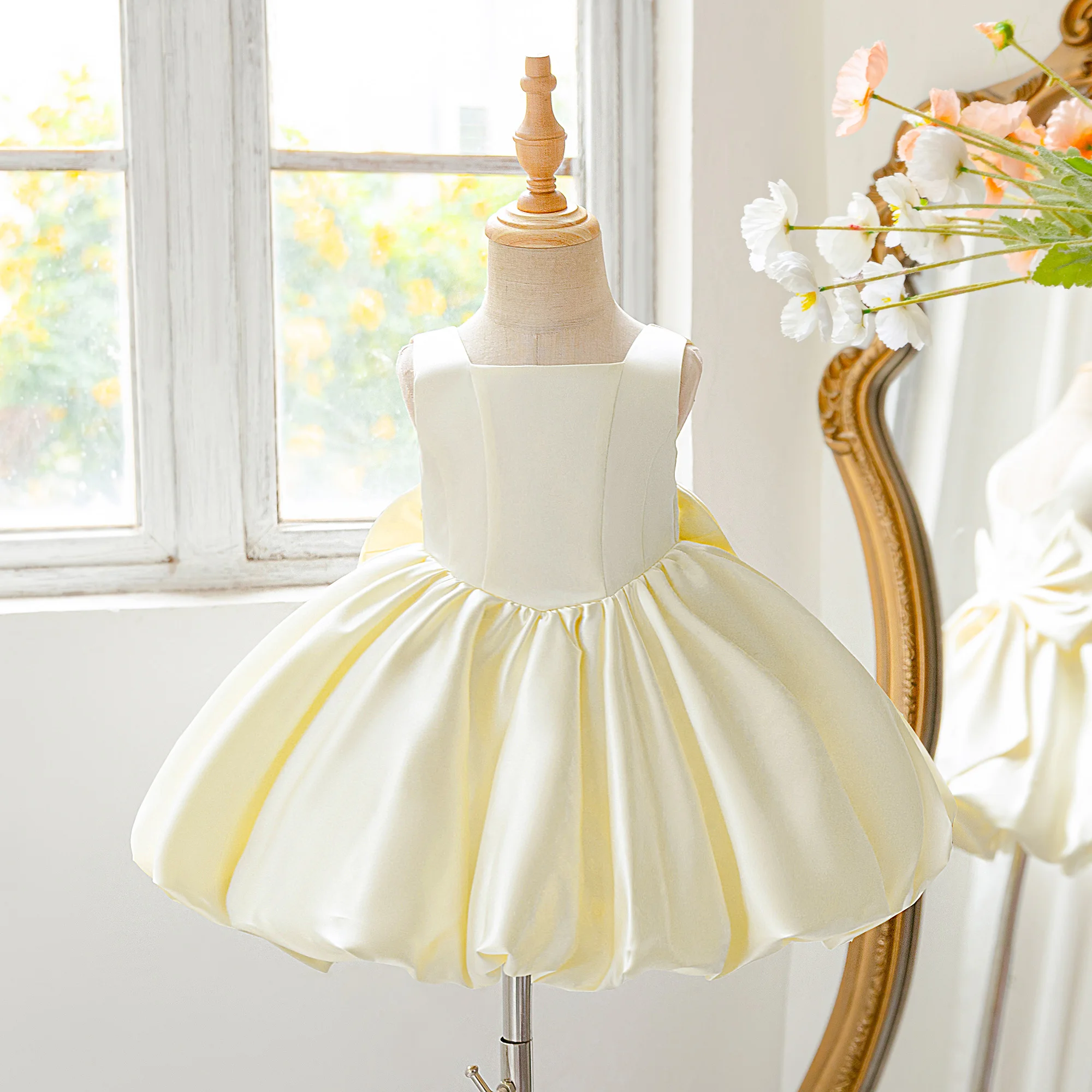 Toddler Flower Bud Party Baptism Baby Girls Dress Elegant 1st Birthday Wedding Princess Prom Dress Girl Bridesmaid Evening Gown