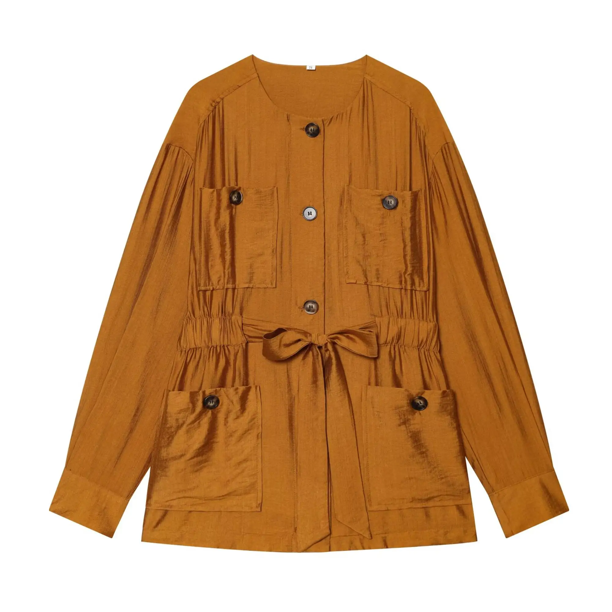 TFMLN Fashion Casual Pocket Shirt Pant Set For Ladies Solid Color Long Sleeve Jacket With Belt Spring Autumn Safari Style Set