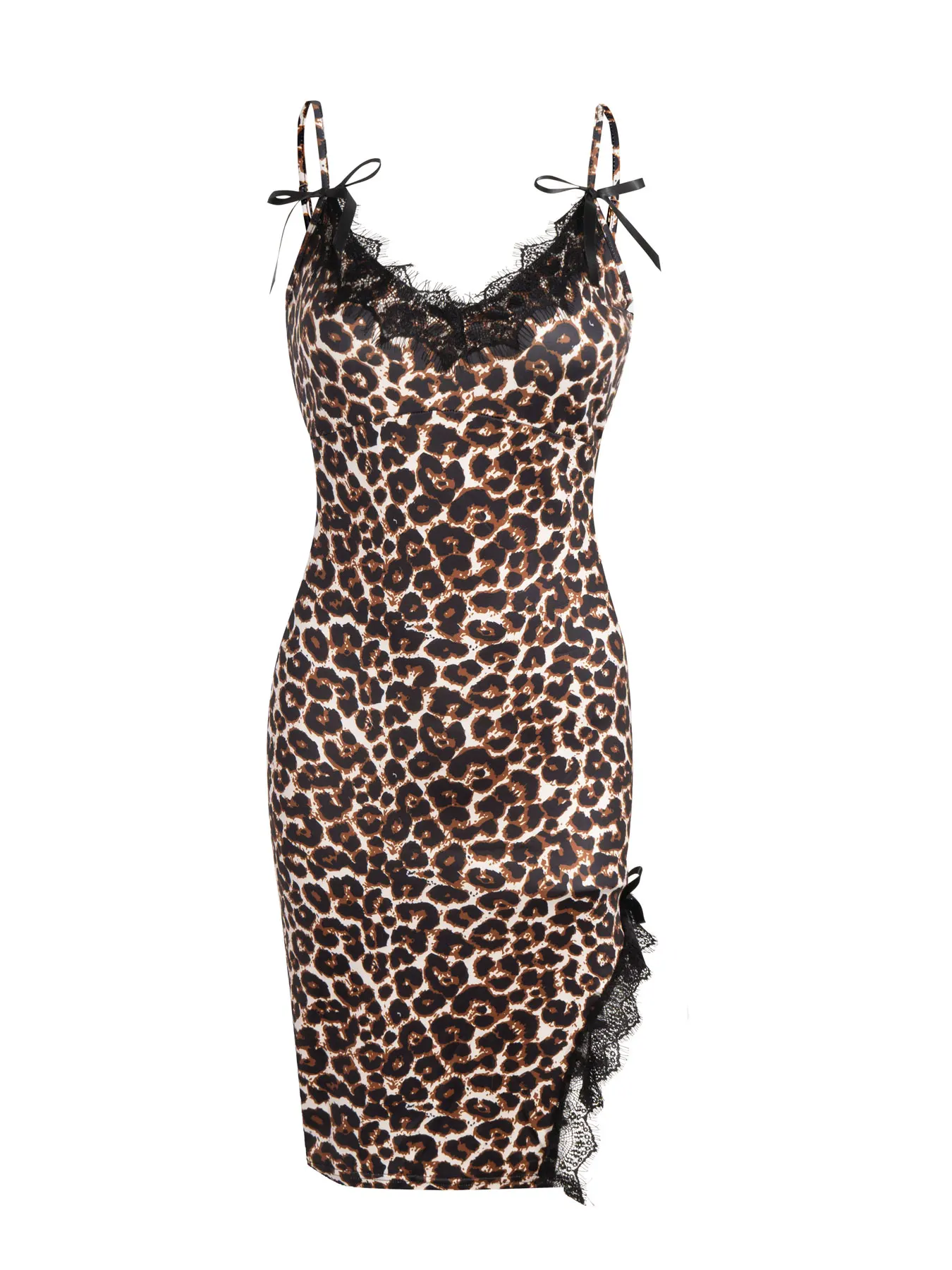 Women Spaghetti Strap Midi Dress Eyelash Lace Leopard Print Bodycon Casual Dress Spring Summer Vacation Sexy Party Date Dress
