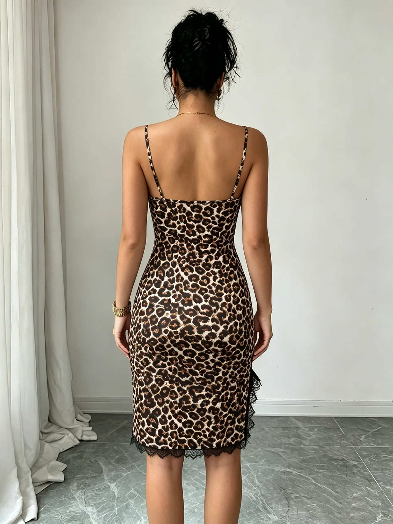 Women Spaghetti Strap Midi Dress Eyelash Lace Leopard Print Bodycon Casual Dress Spring Summer Vacation Sexy Party Date Dress