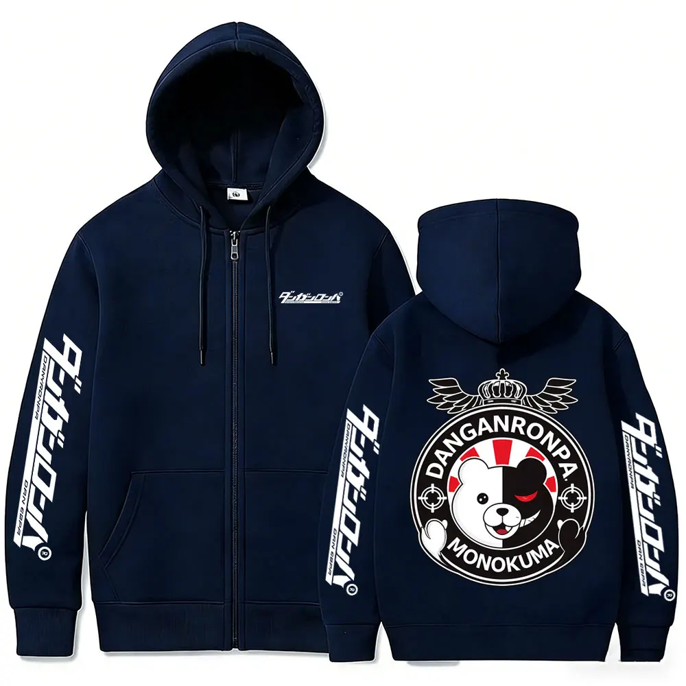 Anime Danganronpa Monokuma Zipper Hoodie Men Women Manga Funny Oversized Zip Up Jacket Coat Unisex Cartoon Cosplay Streetwear