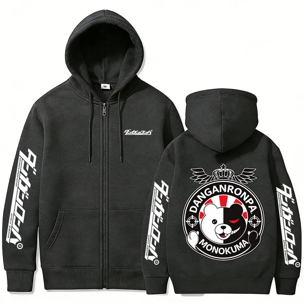 Anime Danganronpa Monokuma Zipper Hoodie Men Women Manga Funny Oversized Zip Up Jacket Coat Unisex Cartoon Cosplay Streetwear