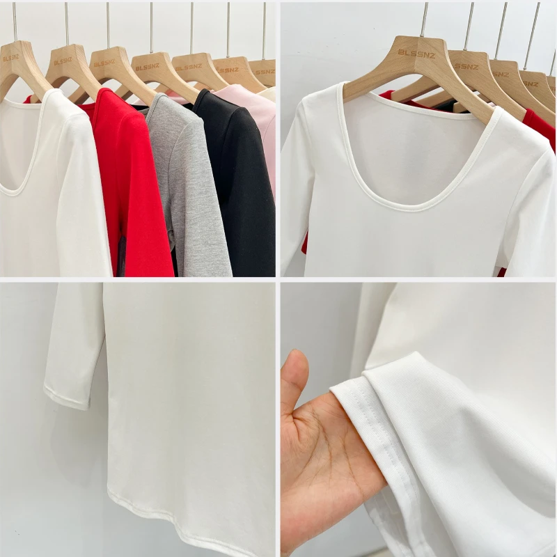 Zjaiss Women's White Base Top 2026 New U-Neck Three-Quarter Sleeve Tee for Spring & Summer Solid Versatile Casual Simple T-Shirt