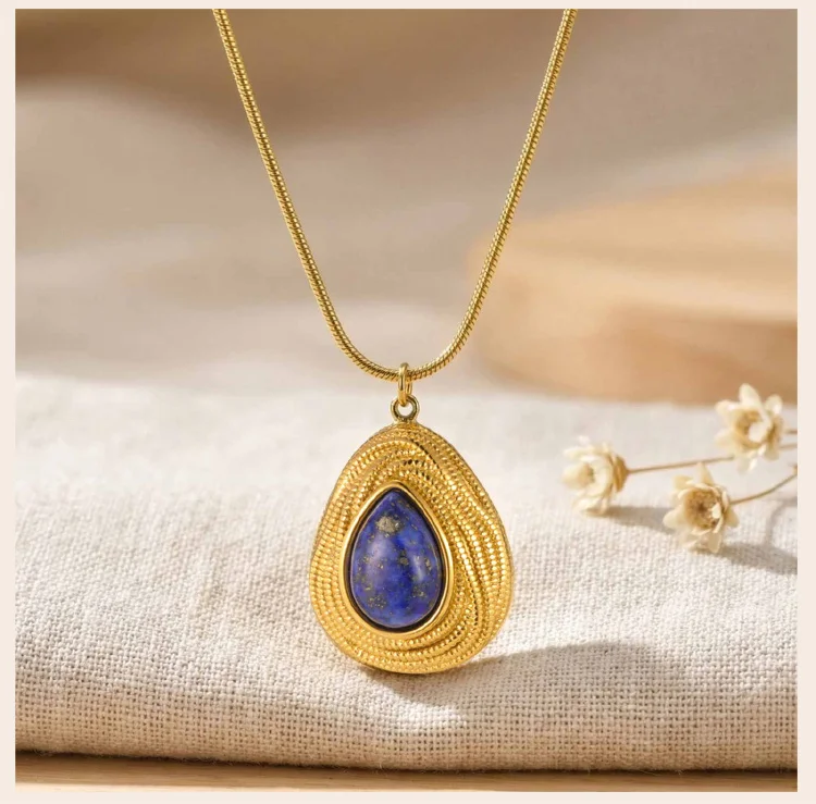 Natural Stone Necklace Stainless Steel 18K Gold Plated Geometric Tiger Eye Lapis Lazuli Pendant Women Vintage Jewelry