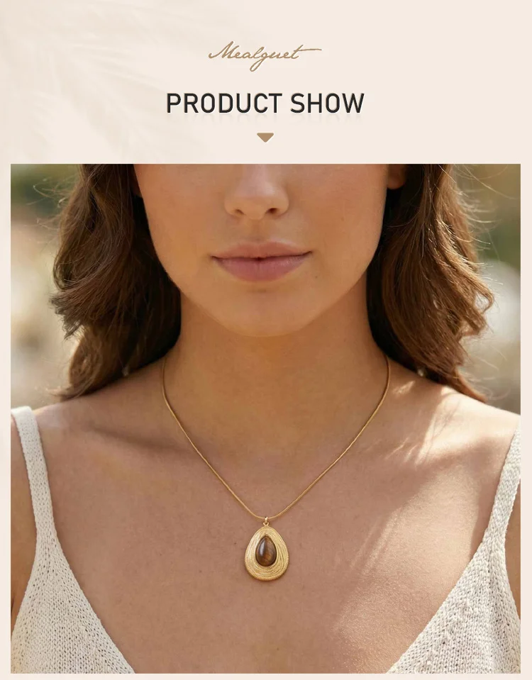 Natural Stone Necklace Stainless Steel 18K Gold Plated Geometric Tiger Eye Lapis Lazuli Pendant Women Vintage Jewelry
