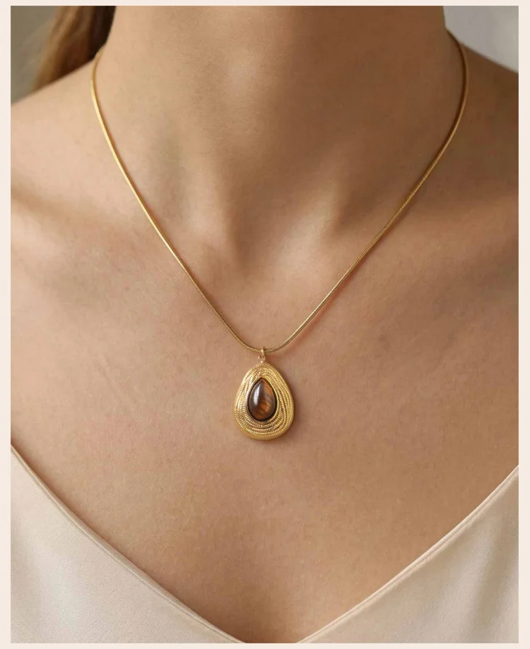 Natural Stone Necklace Stainless Steel 18K Gold Plated Geometric Tiger Eye Lapis Lazuli Pendant Women Vintage Jewelry