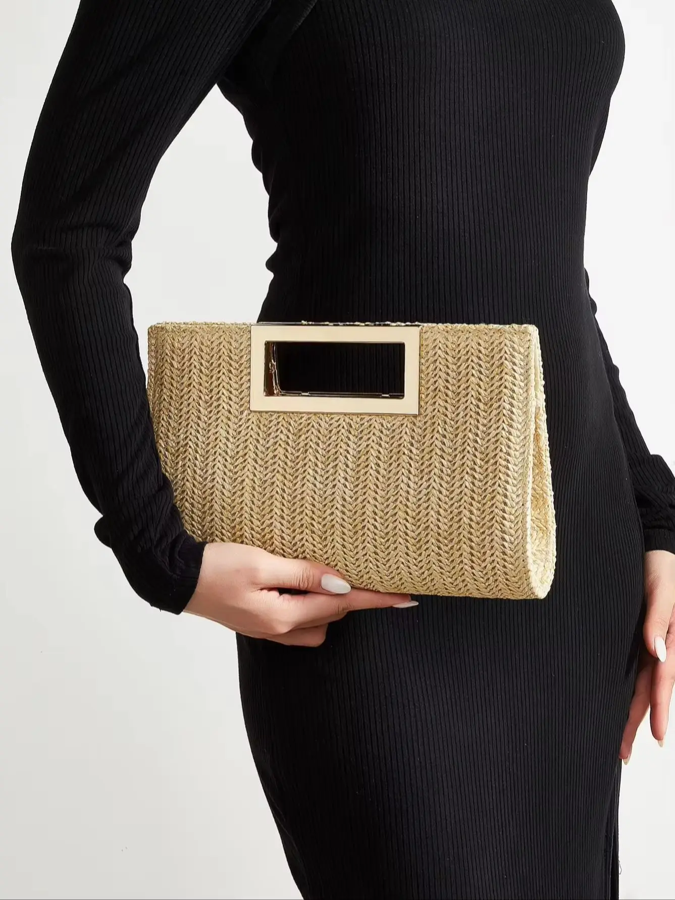 Women's Woven Handbag, Summer Beach Essential, Vacation Season, Solid Color, Straw Bag, Versatile Party Handbag, Detachable Shoulder Strap, Light Luxury Metal Handbag, Beach Wedding Handbag