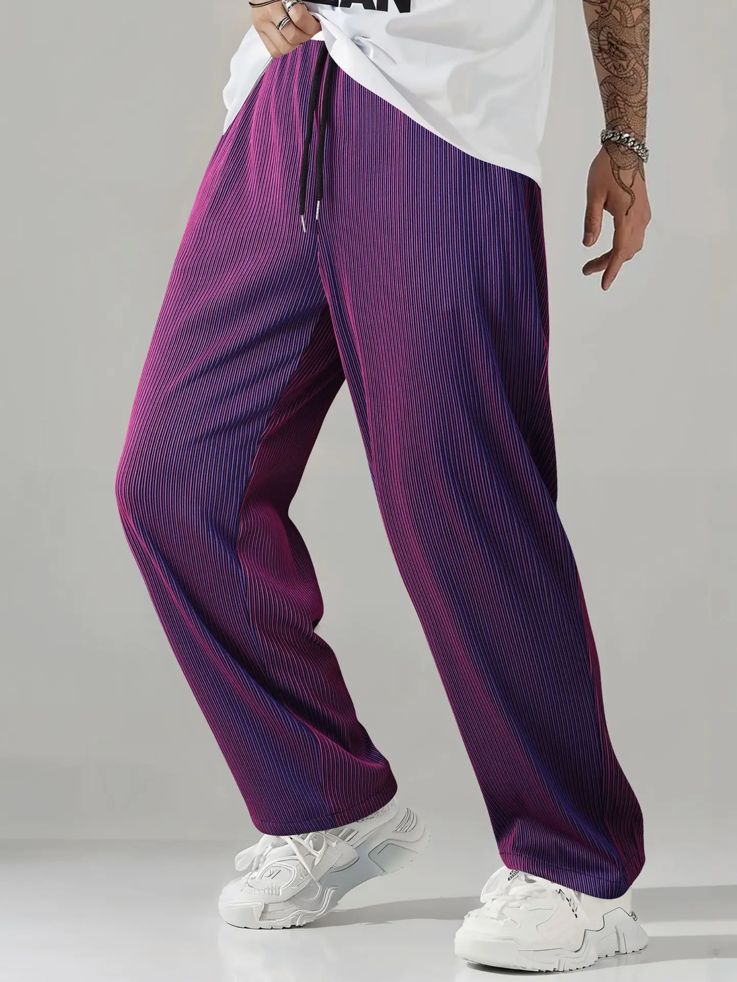2026 Hot Sale Men's Textured Gradient Pleated Pants Elastic Waist Baggy Trousers For Streetwear