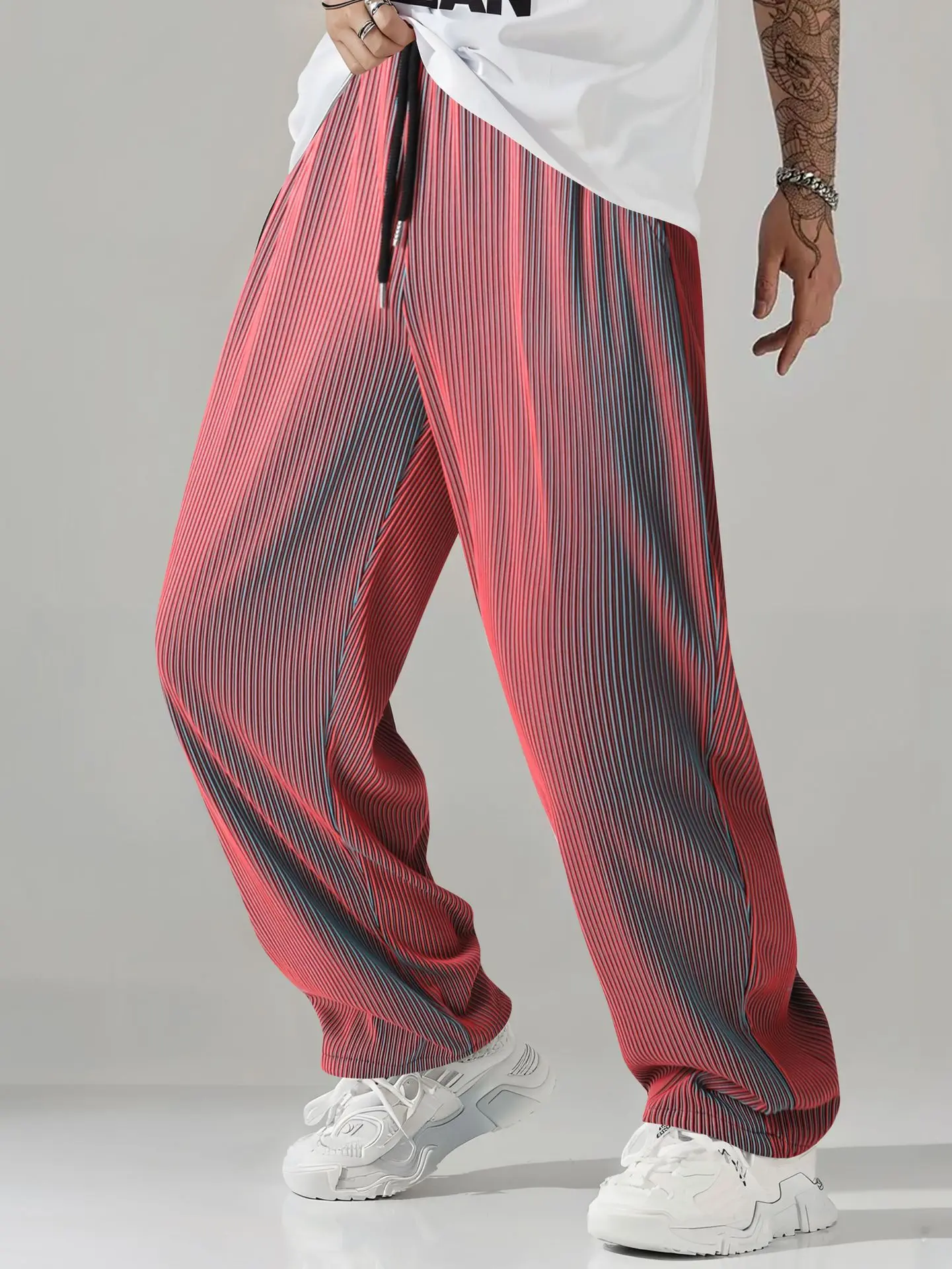 2026 Hot Sale Men's Textured Gradient Pleated Pants Elastic Waist Baggy Trousers For Streetwear