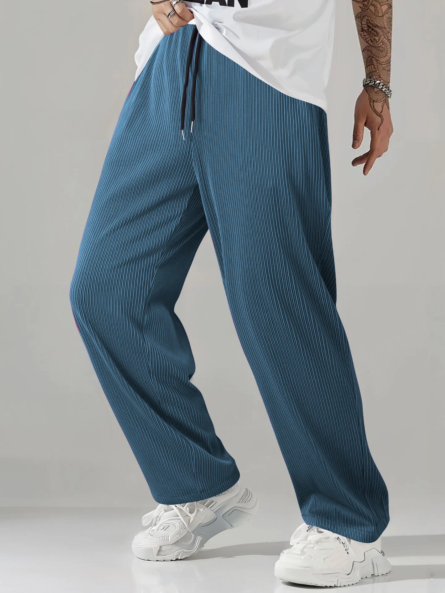 2026 Hot Sale Men's Textured Gradient Pleated Pants Elastic Waist Baggy Trousers For Streetwear