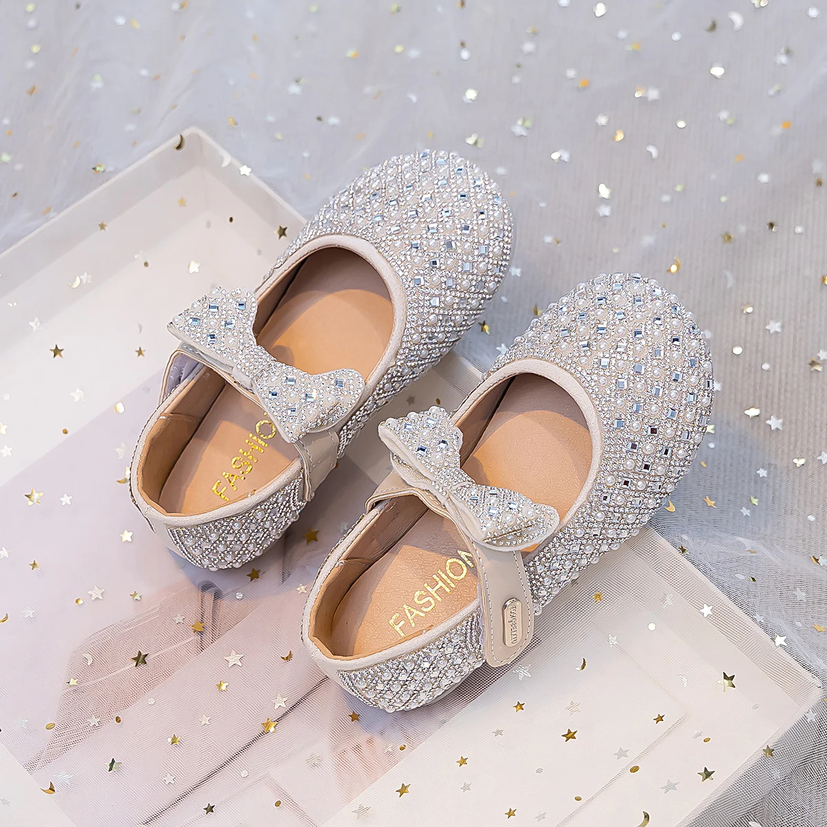 Kids'Casual Shoes PU Leather Fashion Sequin Bow Spring Flat Outdoor Shoes For Girls Anti-slip Silver White Shoes Size 23-36