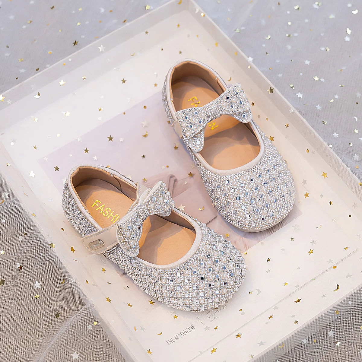 Kids'Casual Shoes PU Leather Fashion Sequin Bow Spring Flat Outdoor Shoes For Girls Anti-slip Silver White Shoes Size 23-36