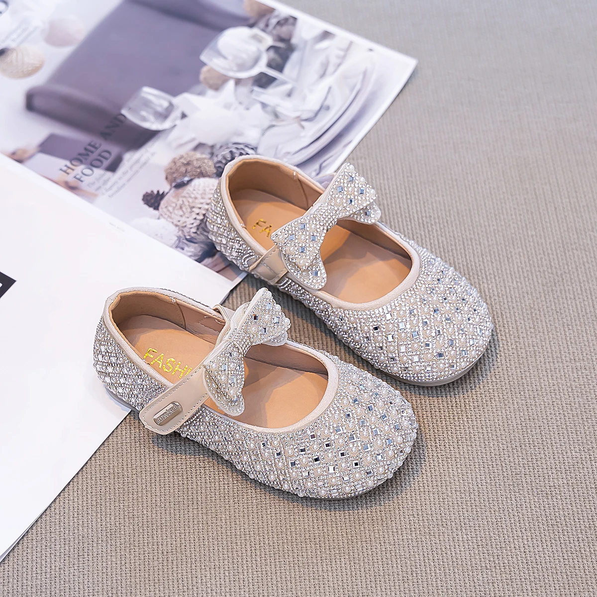 Kids'Casual Shoes PU Leather Fashion Sequin Bow Spring Flat Outdoor Shoes For Girls Anti-slip Silver White Shoes Size 23-36