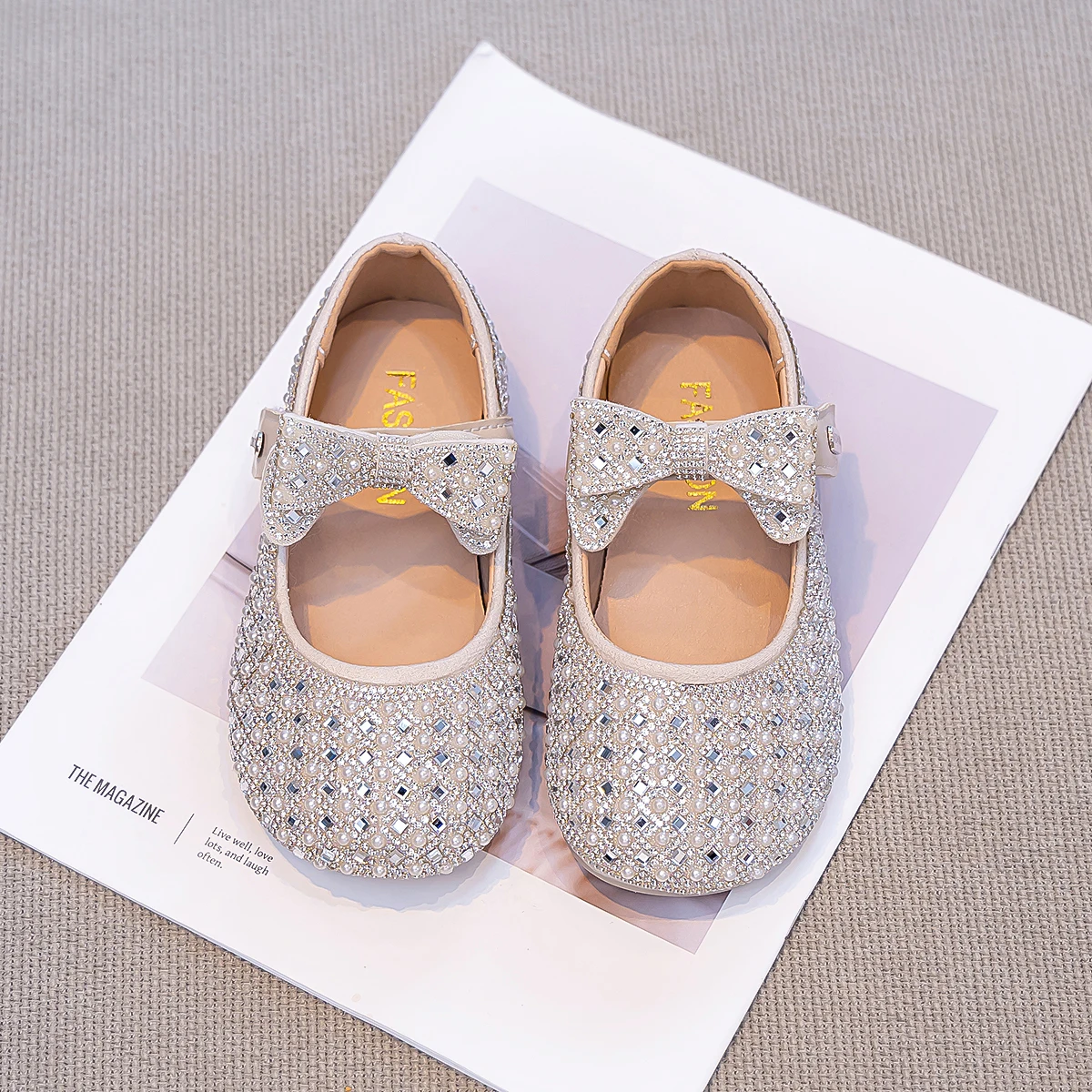 Kids'Casual Shoes PU Leather Fashion Sequin Bow Spring Flat Outdoor Shoes For Girls Anti-slip Silver White Shoes Size 23-36