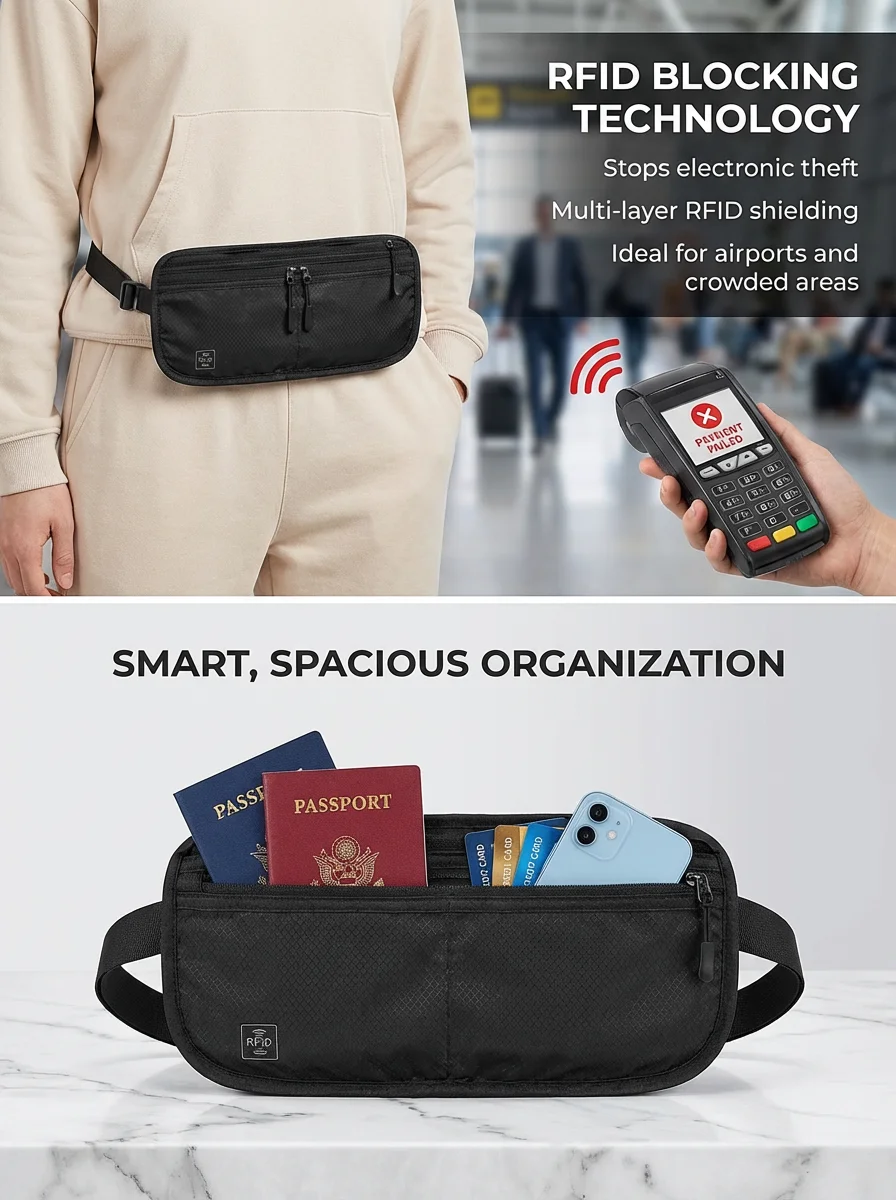 RFID Blocking Travel Waist Pouch Anti-Theft Slim Money Belt with Multi-Wear Design Waterproof RFID Wallet for Cards
