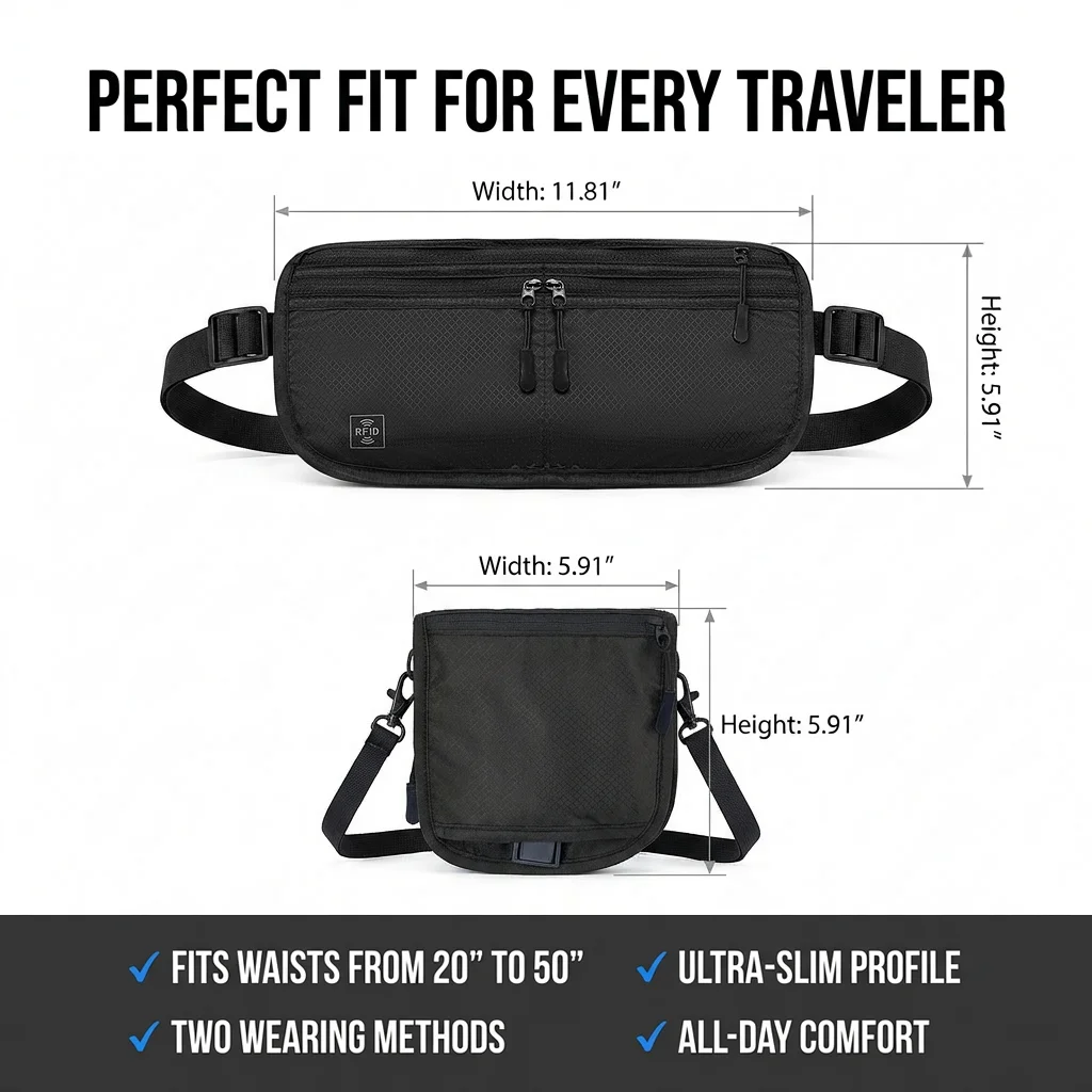 RFID Blocking Travel Waist Pouch Anti-Theft Slim Money Belt with Multi-Wear Design Waterproof RFID Wallet for Cards