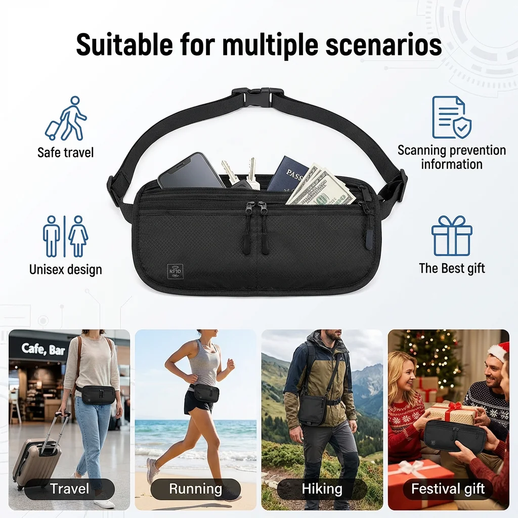 RFID Blocking Travel Waist Pouch Anti-Theft Slim Money Belt with Multi-Wear Design Waterproof RFID Wallet for Cards