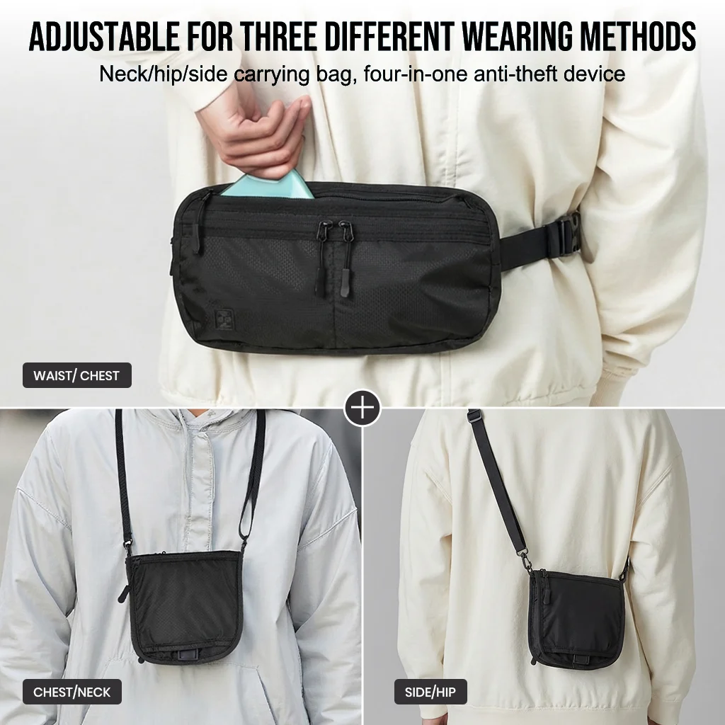RFID Blocking Travel Waist Pouch Anti-Theft Slim Money Belt with Multi-Wear Design Waterproof RFID Wallet for Cards
