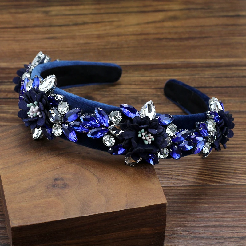Handmade Gorgeous Navy Red Crystal Flower Headbands Luxury Rhinestone Women Bohemian Hairbands For Wedding Party